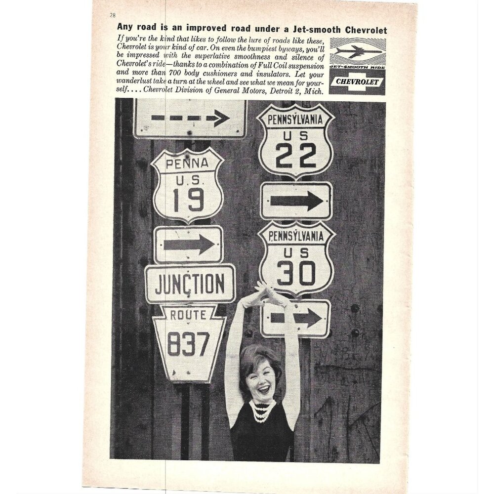 Jet Smooth Ride Chevrolet Highway Signs Advertisement 1960s Vintage Print Ad 9in